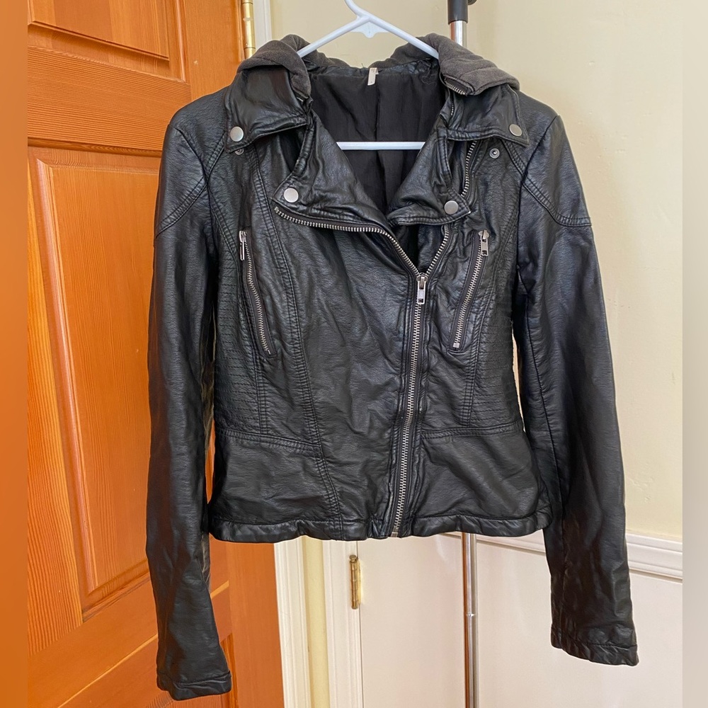 Free People Vegan Leather Hooded Moto Jacket